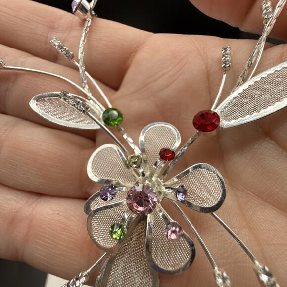 Floral Necklace 18in Multicolor Crystal Flower Silver Tone Mesh Leaves Fairycore - Picture 4 of 10